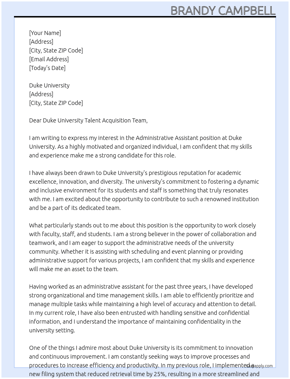 Administrative assistant At Duke University Cover Letter