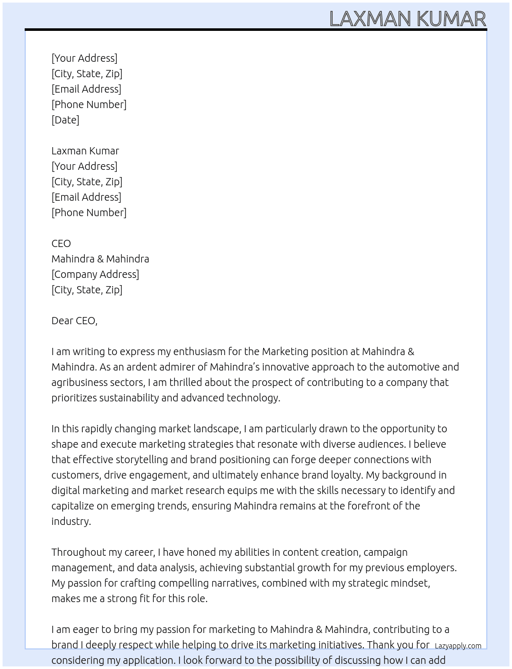 Marketing At Mahindra $ mahindra  Cover Letter