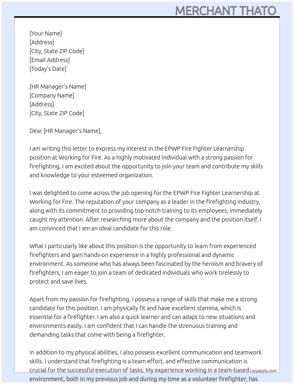 EPWP FIRE FIGHTER LEARNERSHIP  At Working for fire  Cover Letter