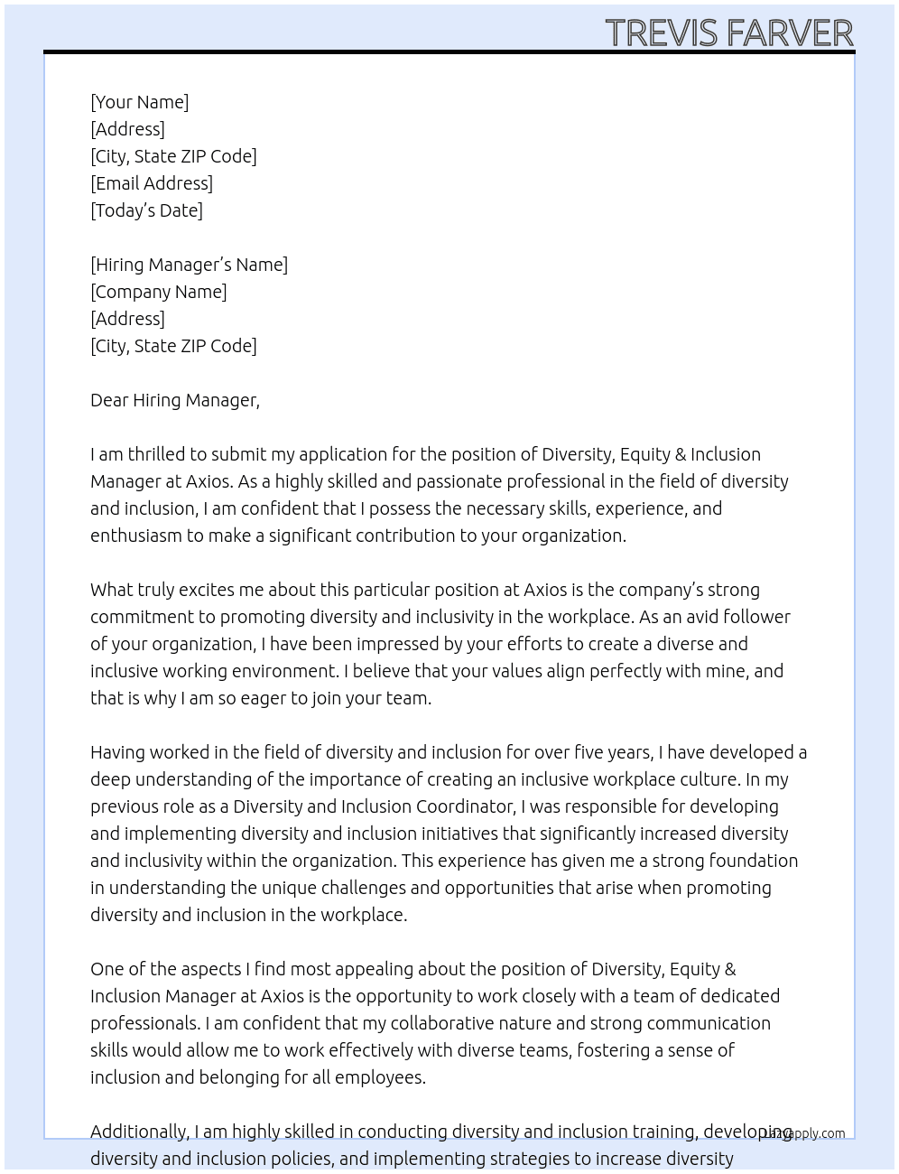 Diversity, Equity & Inclusion Manager At Axios Cover Letter