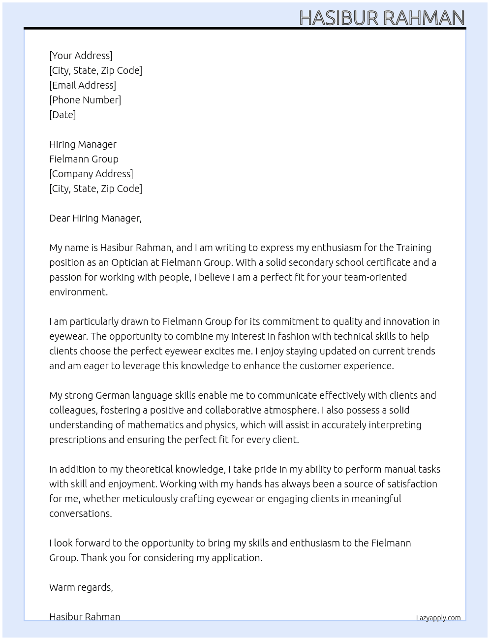 Training as an optician  At Fielmann group Cover Letter