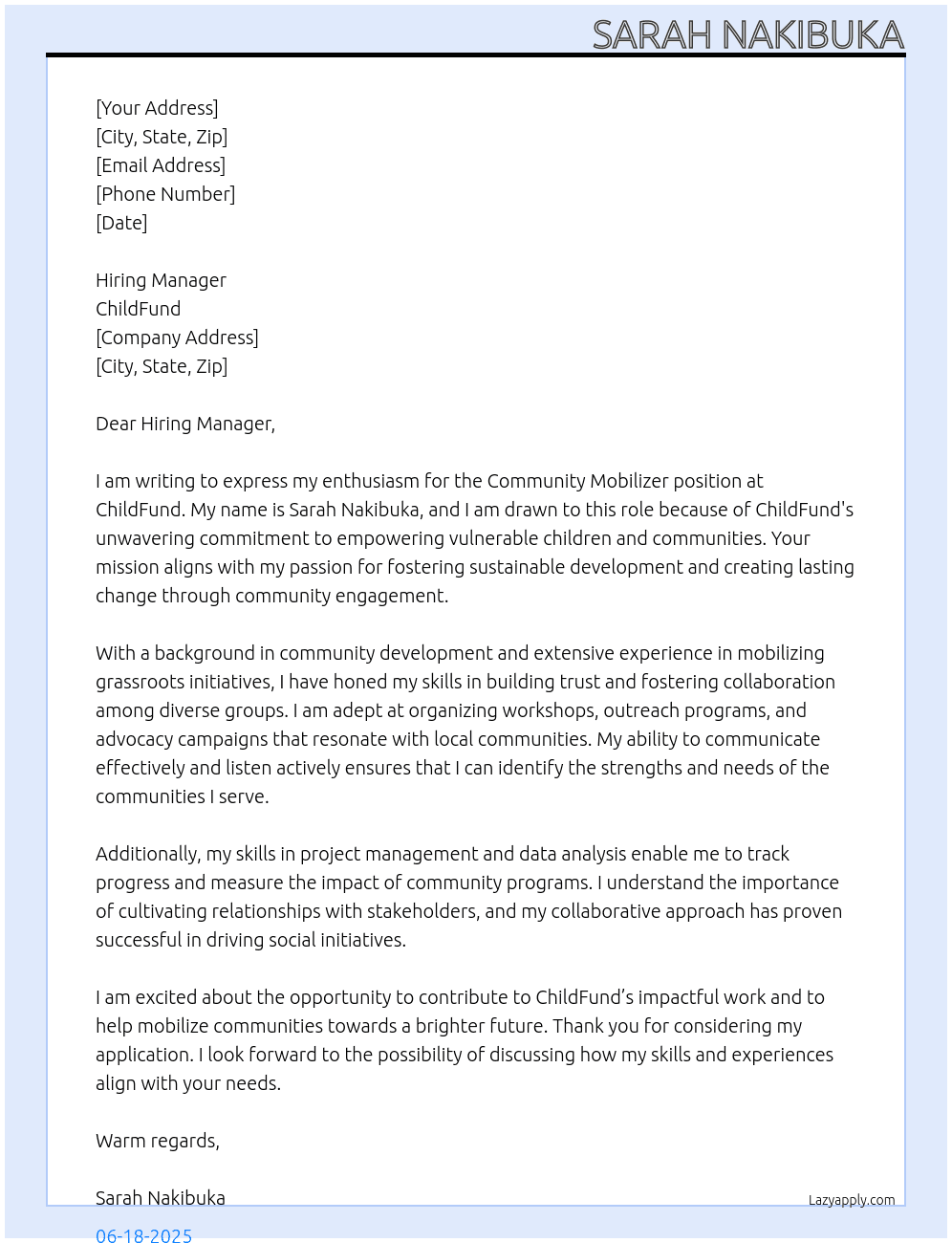 Community Mobilizer At ChildFund Cover Letter