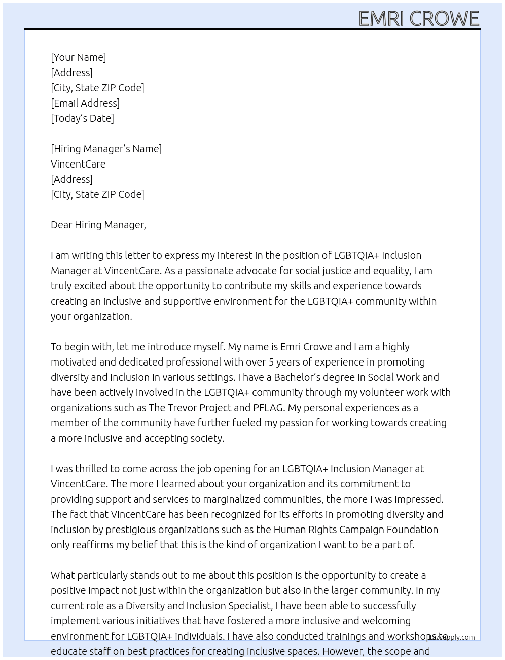 LGBTQIA+ Inclusion Manager At VincentCare Cover Letter