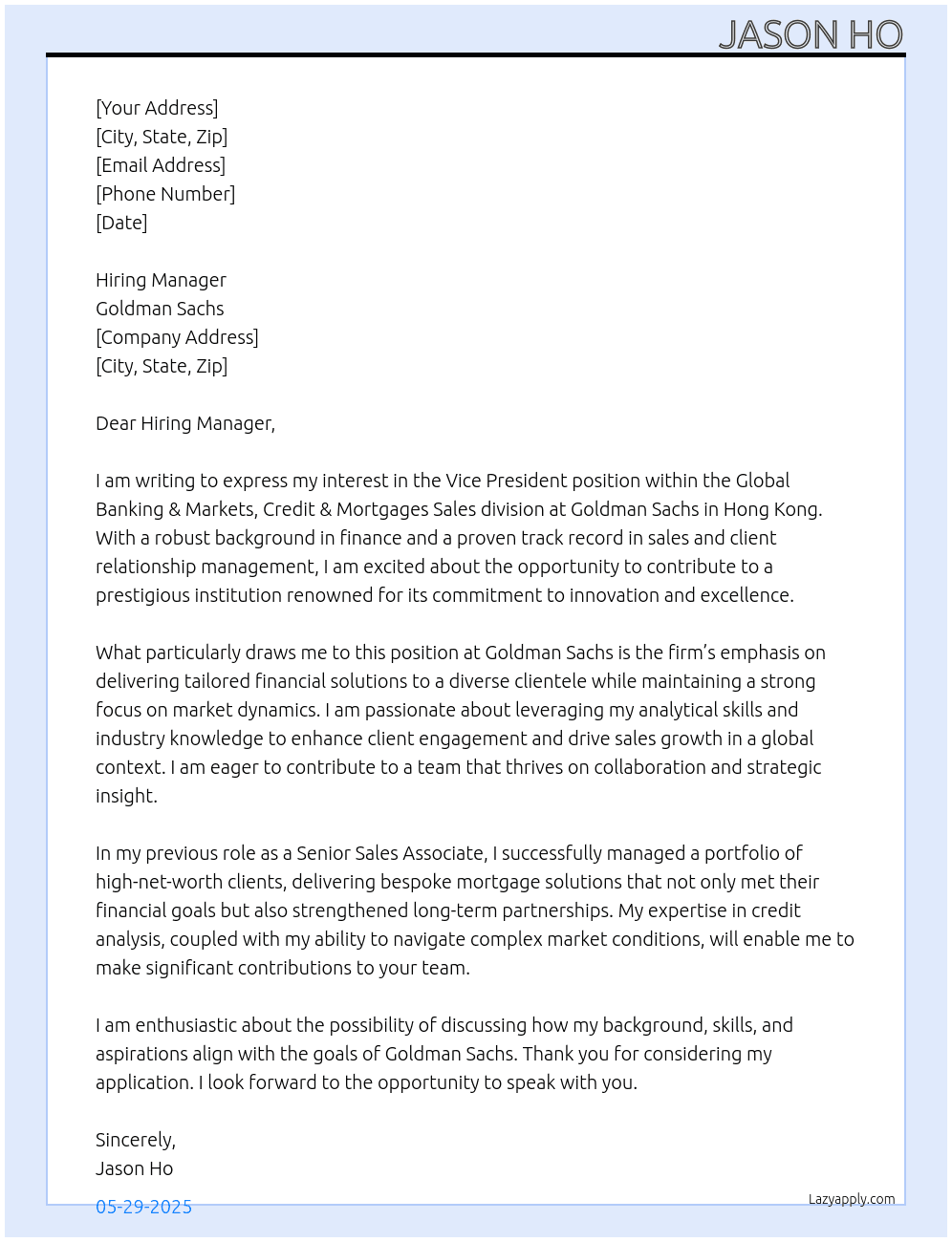 Cover letter for global banking & markets, credit & mortgages sales, vice president, hong kong - LazyApply