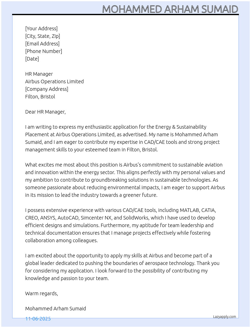 Energy & Sustainability Placement At Airbus Operations Limited Cover Letter