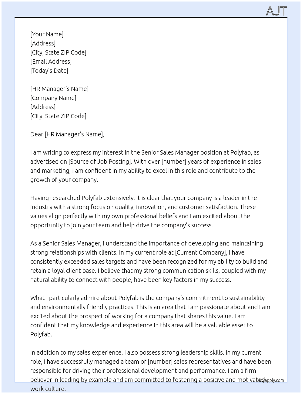 Senior Sales Manager At polyfab Cover Letter