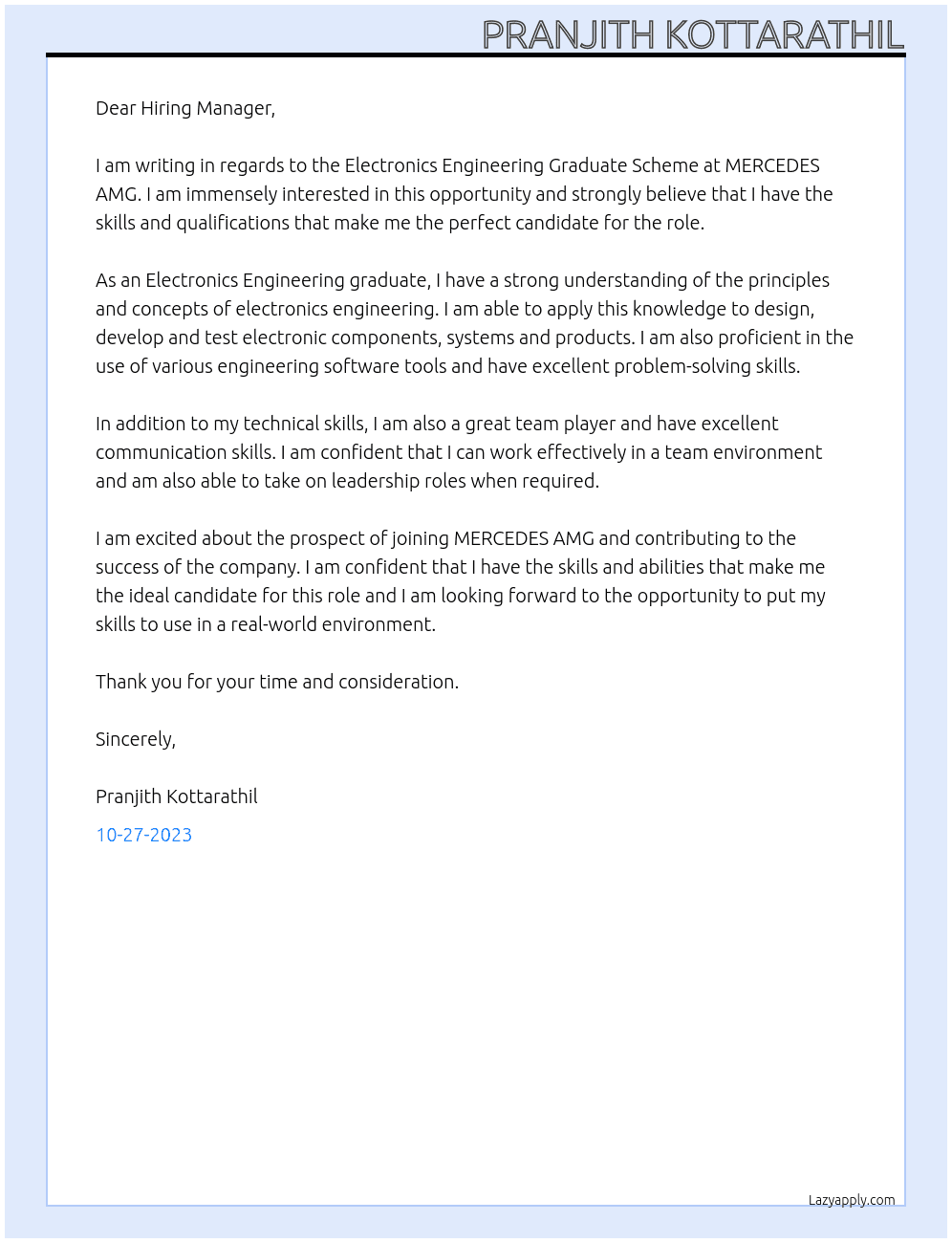 Electronics Engineering Graduate Scheme At MERCEDES AMG Cover Letter