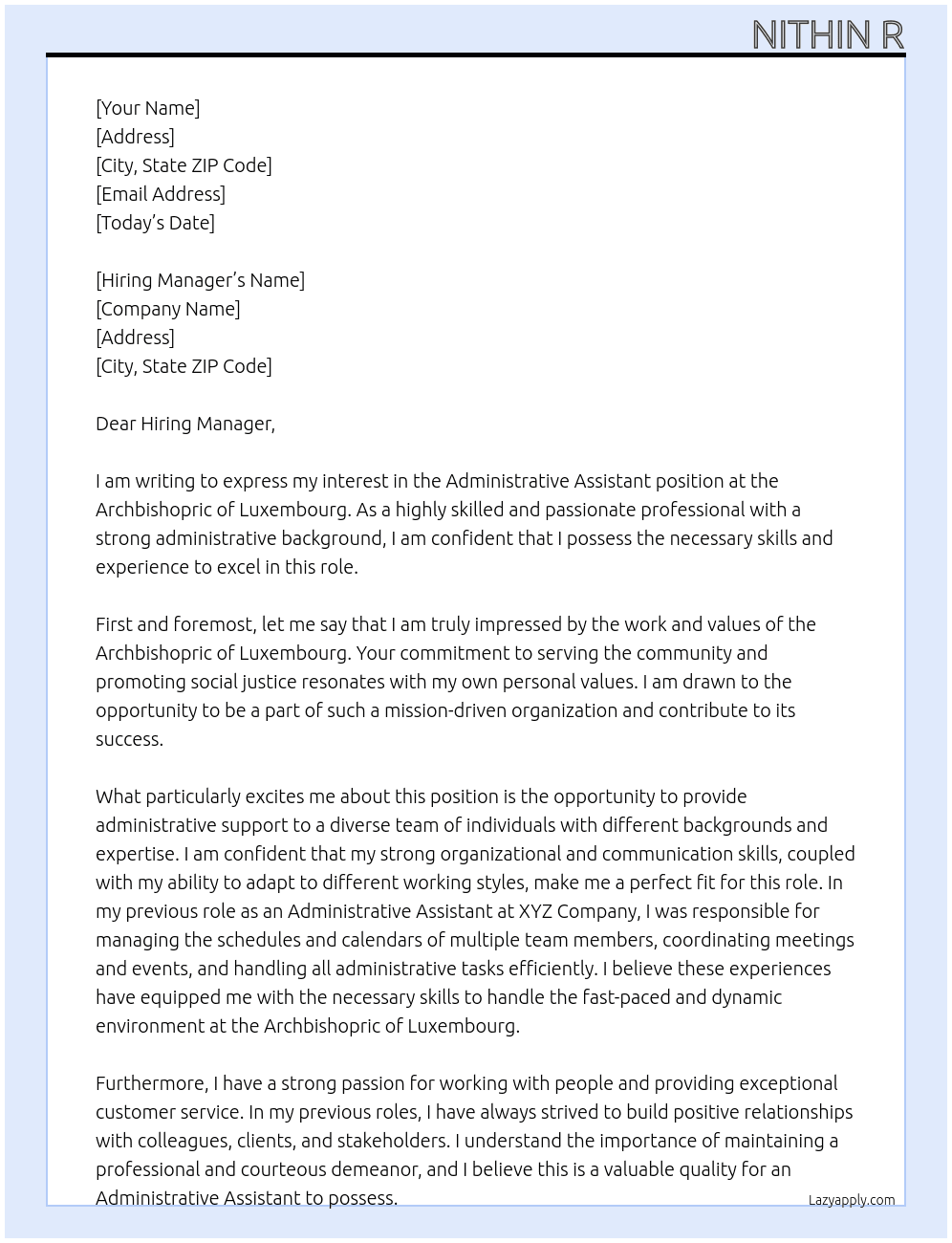 Administrative Assistant At ARCHBISHOPRIC OF LUXEMBOURG Cover Letter