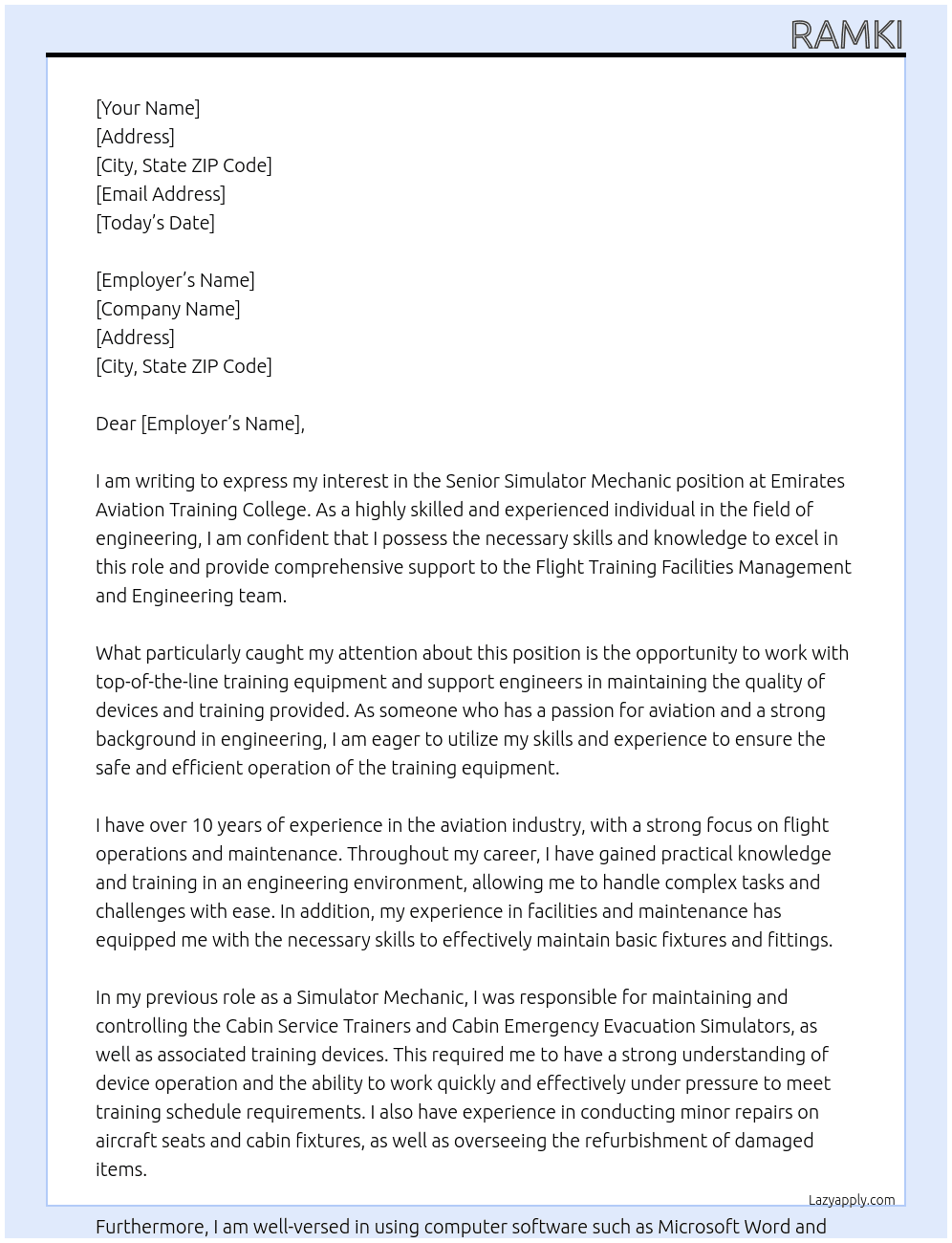 Cover letter for senior simulator mechanic - emirates aviation training college - LazyApply