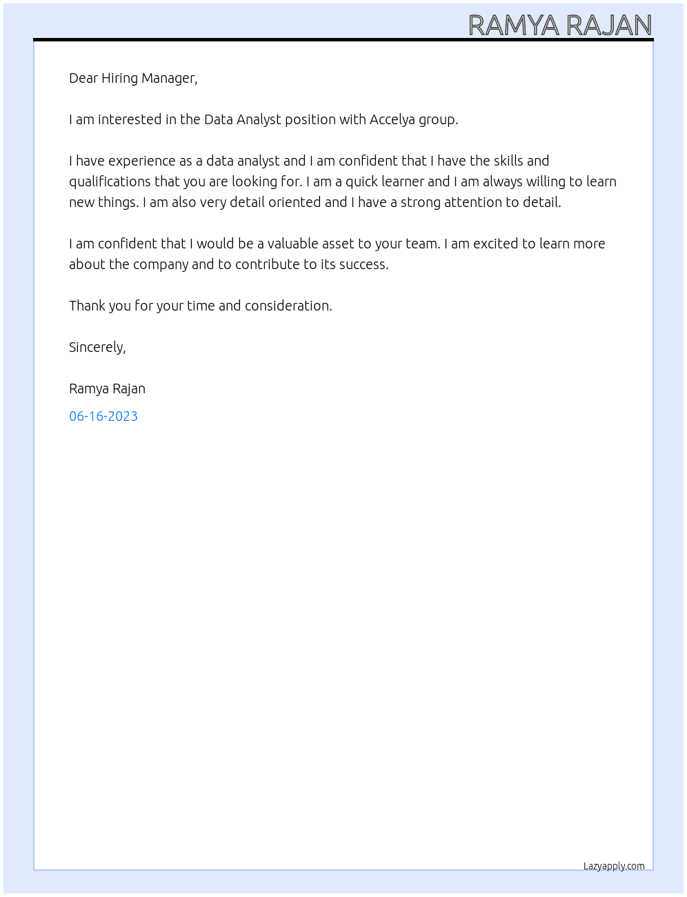 Data Analyst At Accelya group Cover Letter