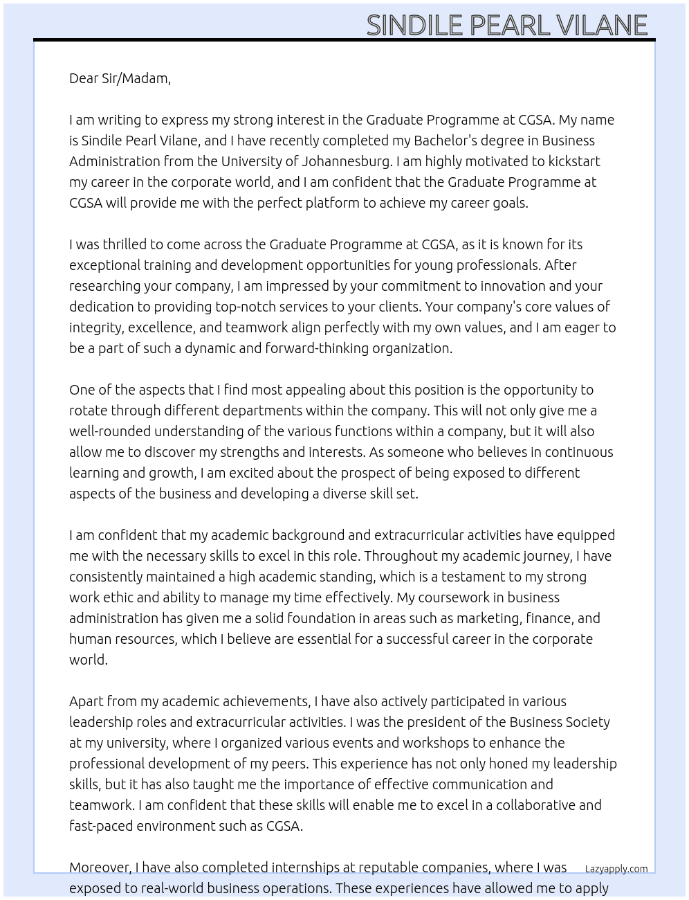 Graduate Programme  At CGSA Cover Letter