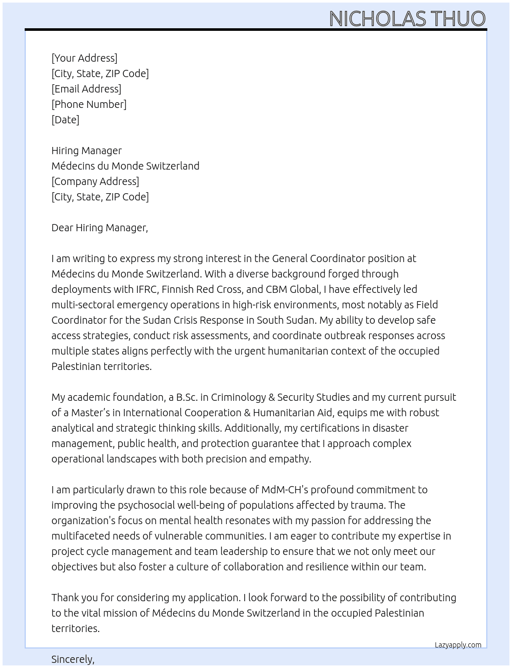 General Coordinator At Médecins du Monde Switzerland Cover Letter