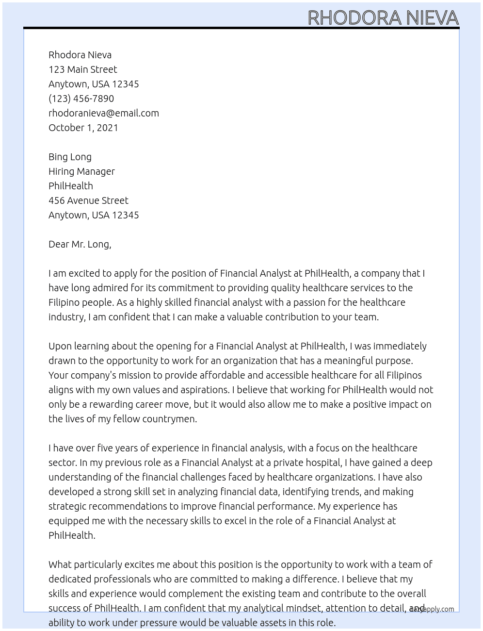 Finanacial Analyst At PhilHealth Cover Letter