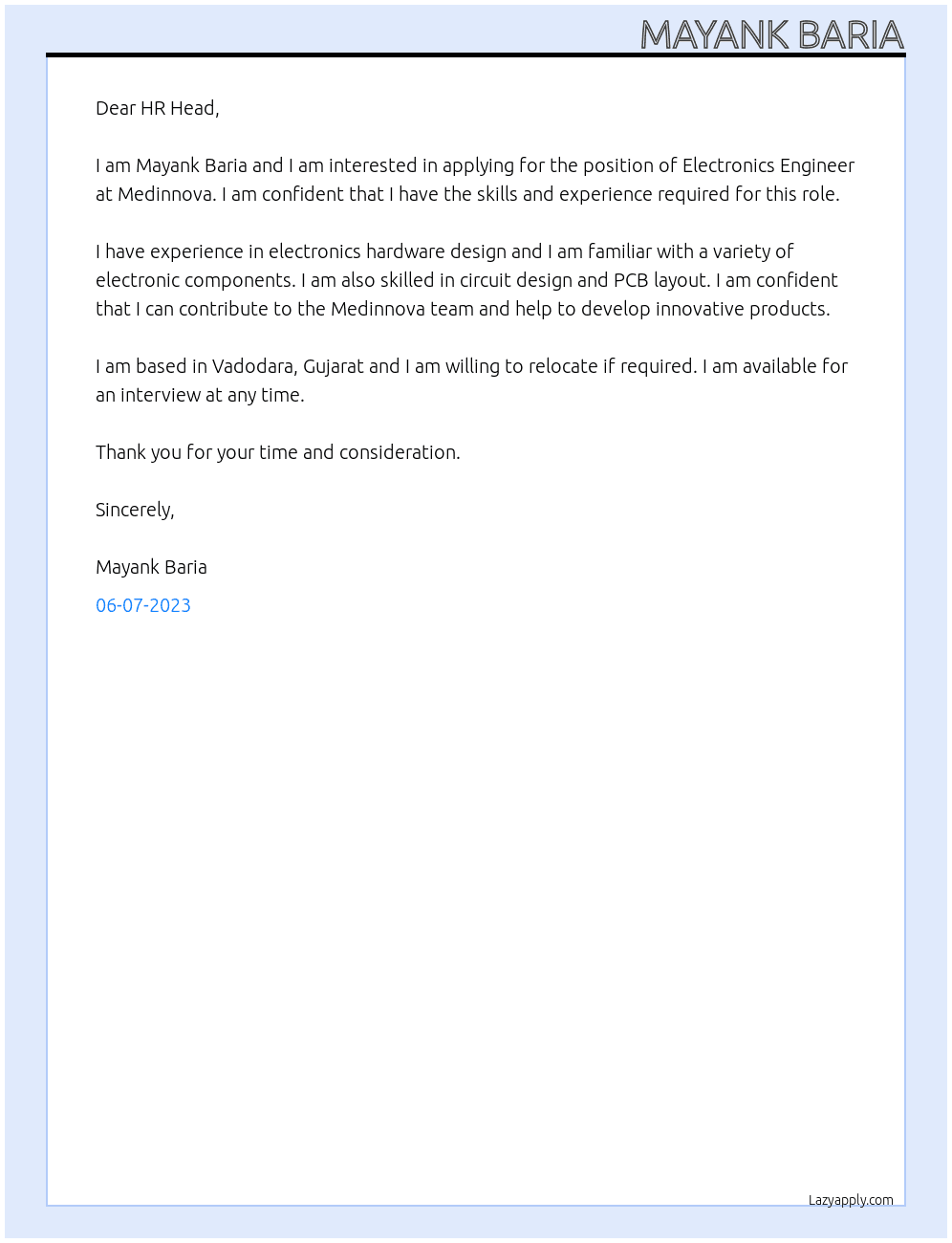 Electronics Engineer At Medinnova Cover Letter