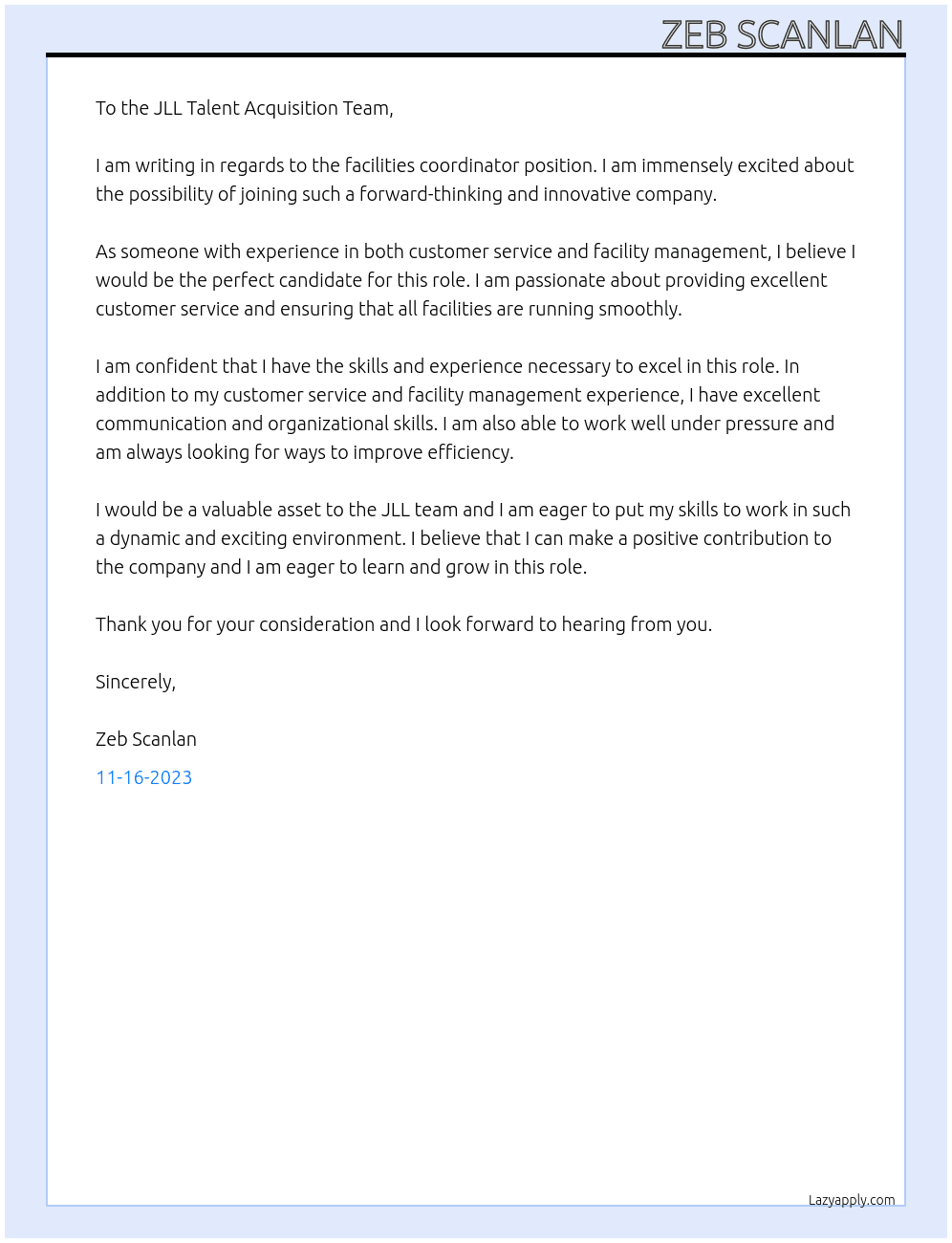 Facilities Coorinator At JLL Cover Letter