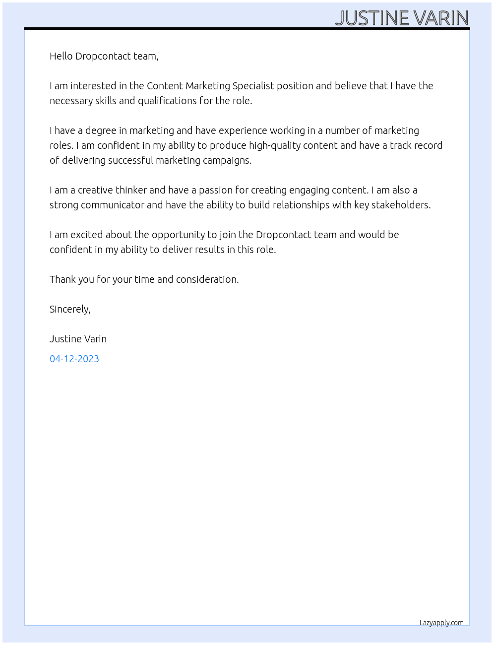 Content Marketing Specialist At Dropcontact Cover Letter