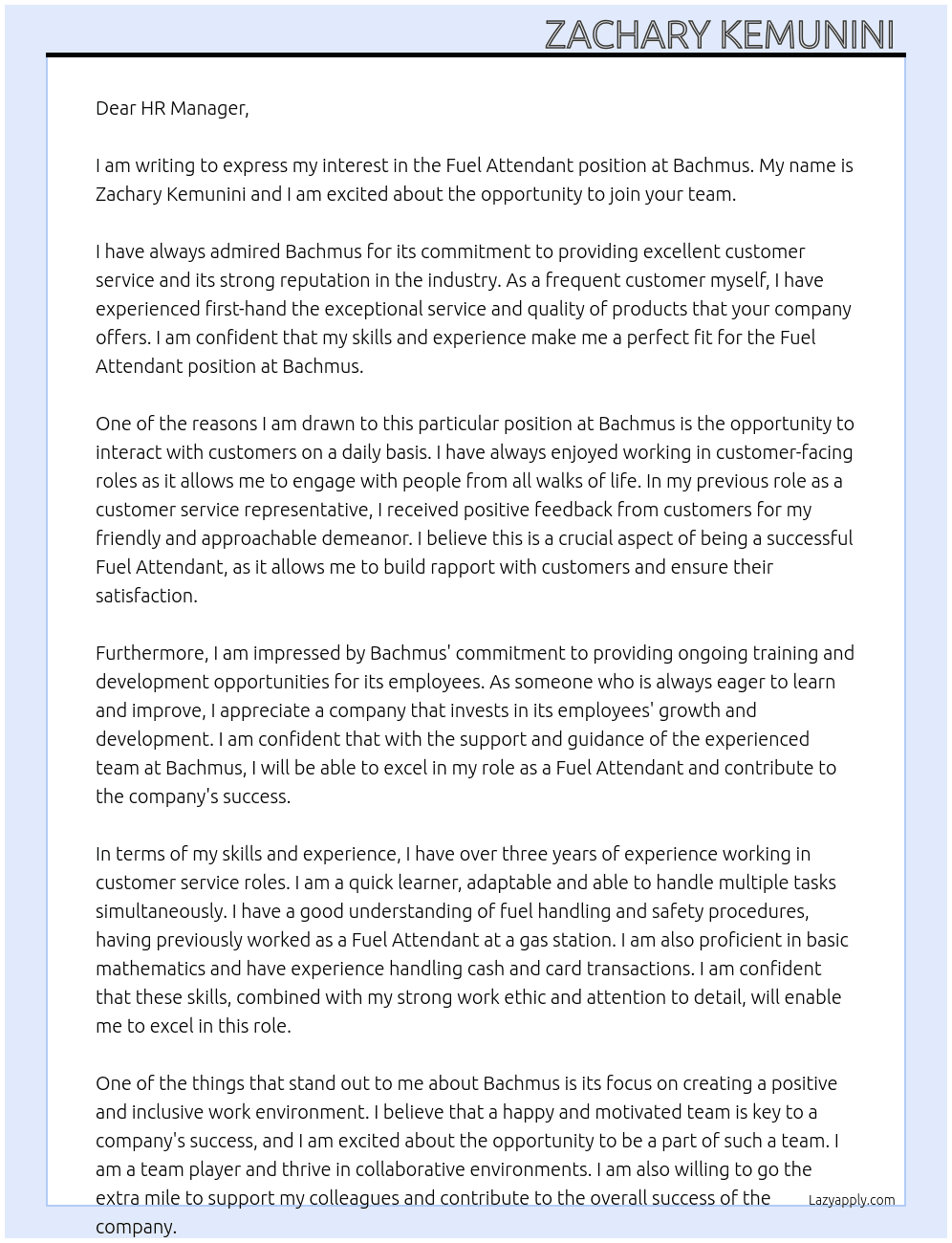 Fuel attendant  At Bachmus Cover Letter