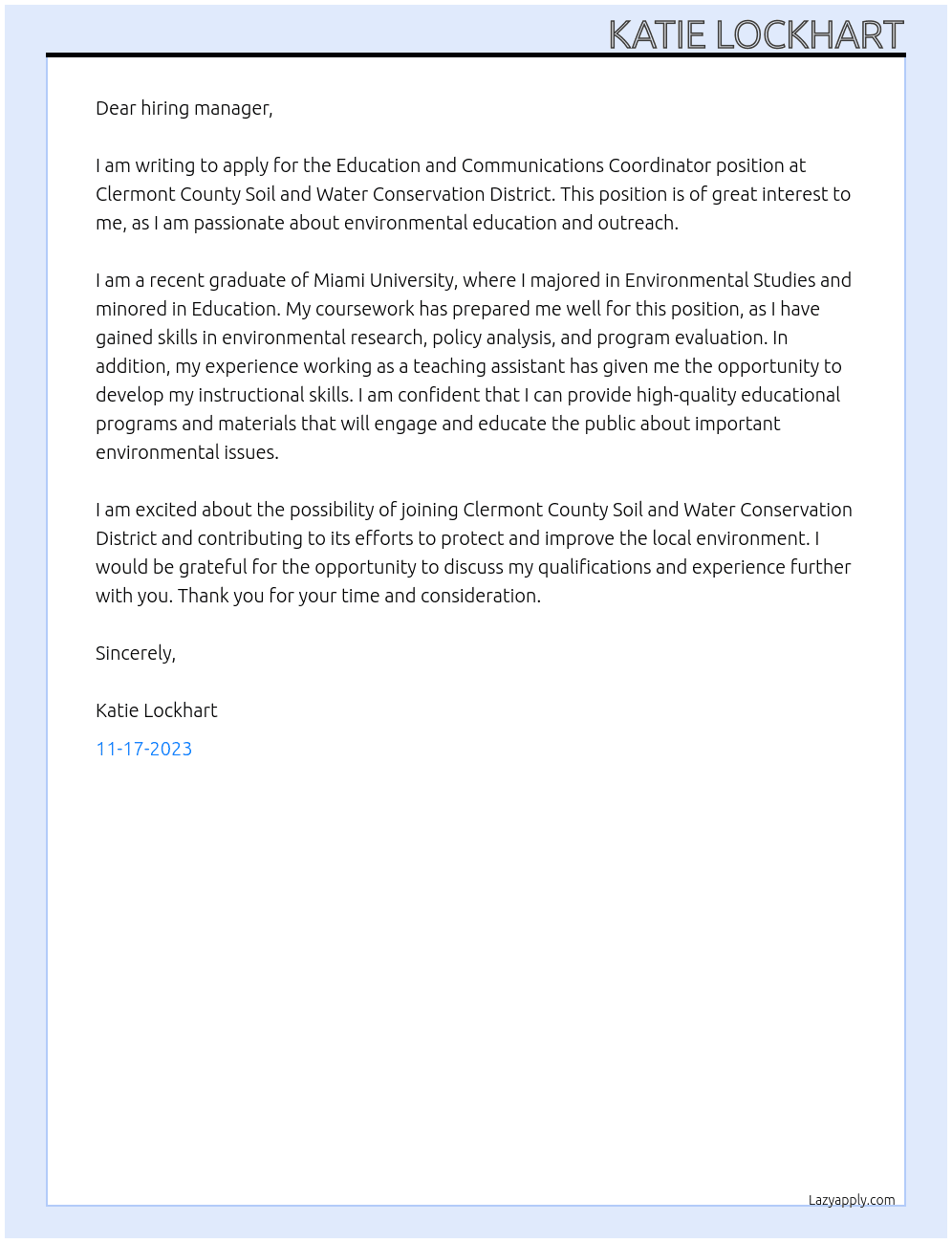 Education and Communications Coordinator At Clermont County Soil and Water Conservation District Cover Letter