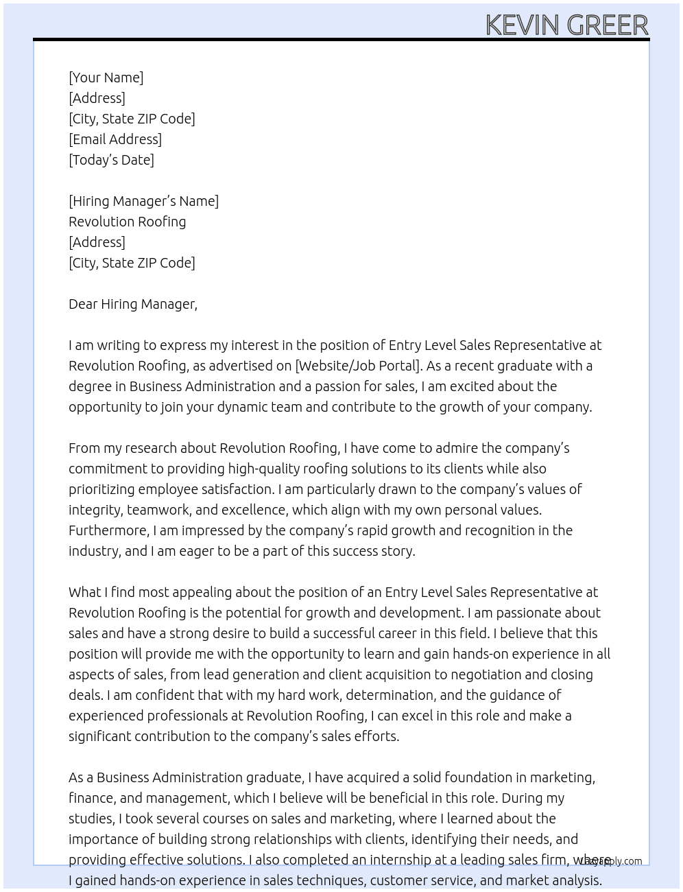 Entry Level Sales Representative At Revolution Roofing Cover Letter