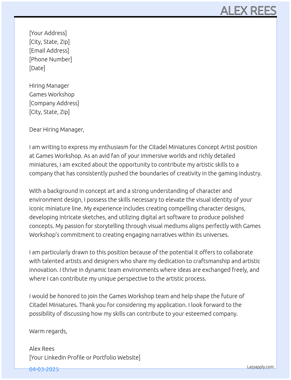 Citadel Miniatures Concept Artist At games workshop Cover Letter