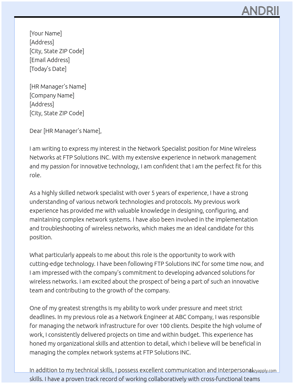 Network Specialist, Mine Wireless Networks At FTP Solutions INC Cover Letter