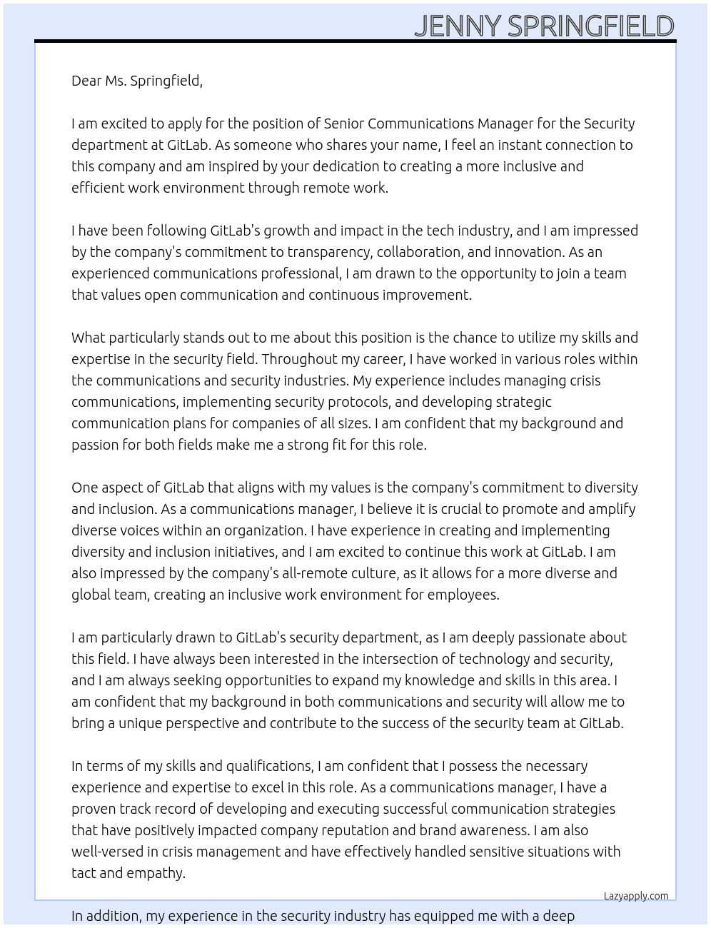Senior communications manager, security At GitLab Cover Letter