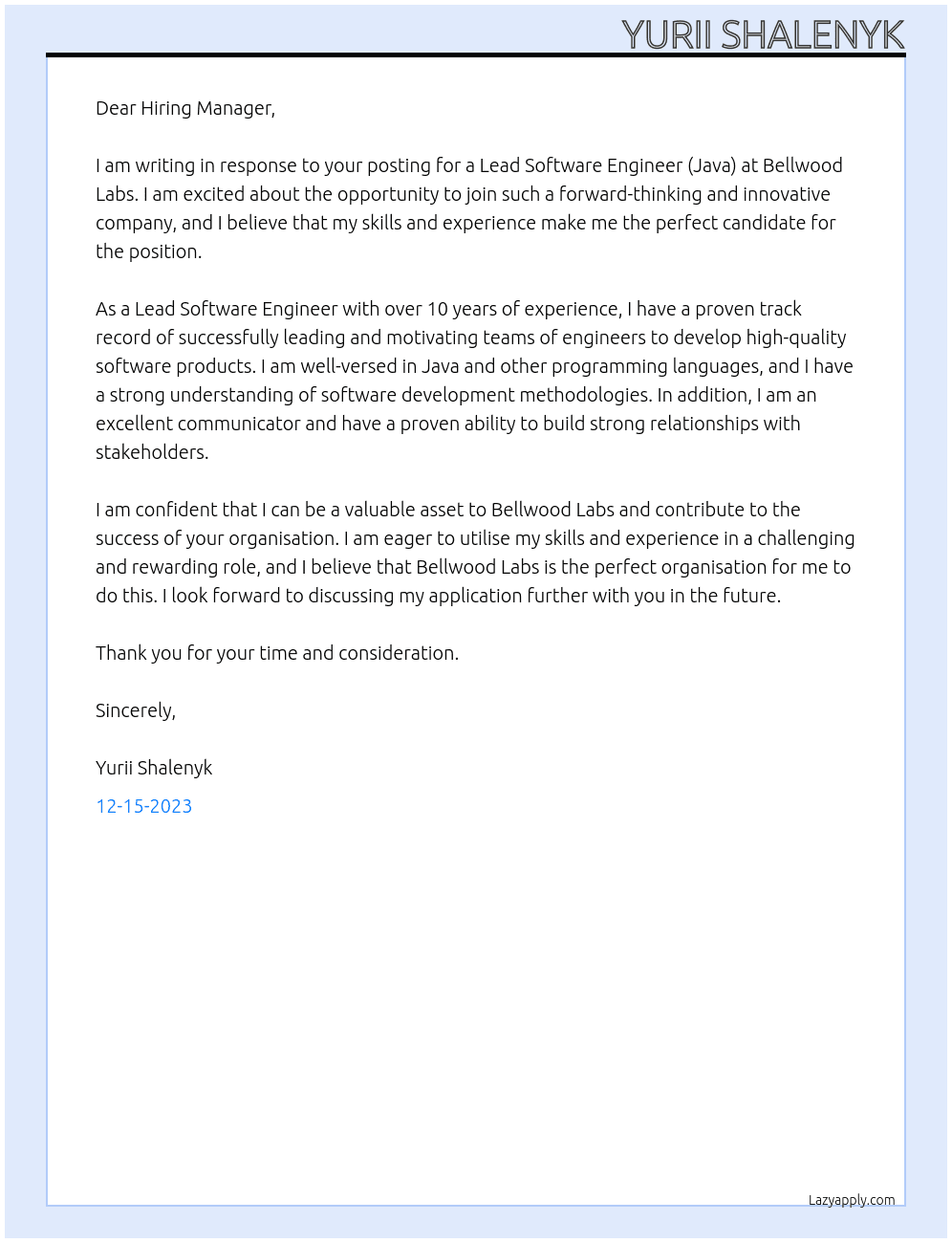 Lead Software Engineer (Java) At Bellwood Labs Cover Letter