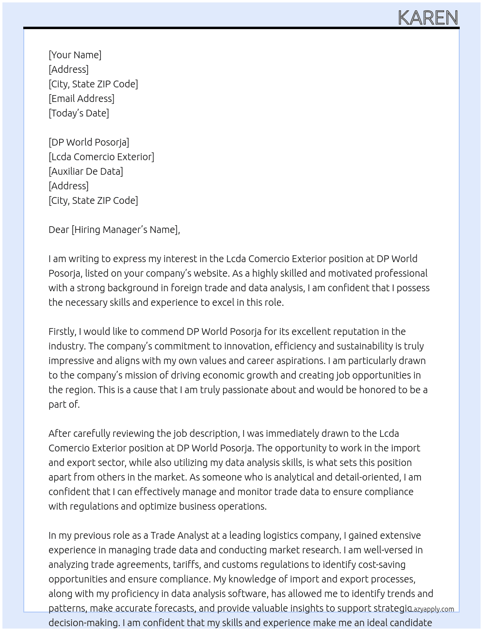 Lcda comercio exterior At AUXILIAR DE DATA Cover Letter