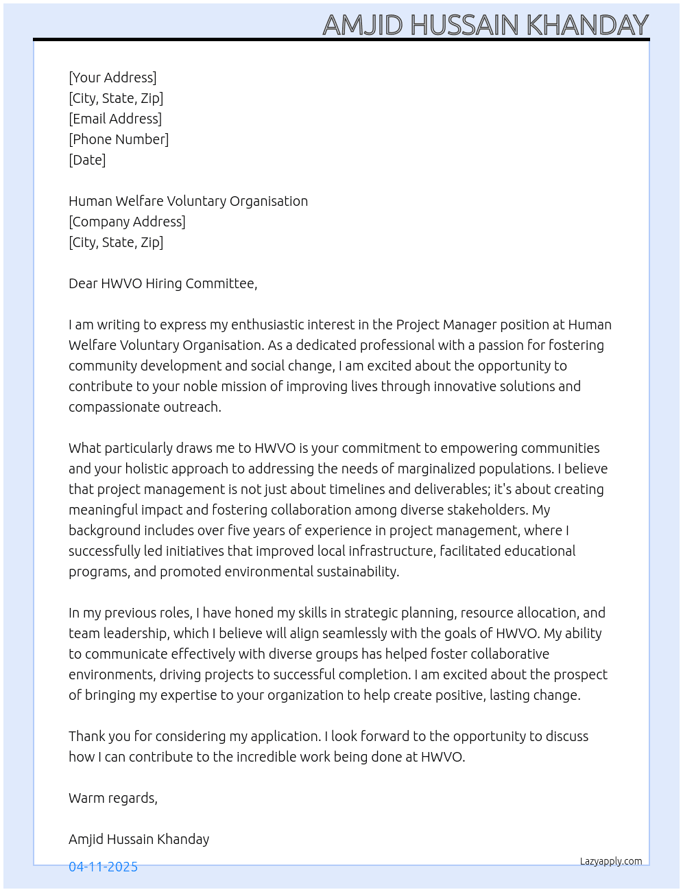Project Manager At Human Welfare Voluntary Organisation Cover Letter