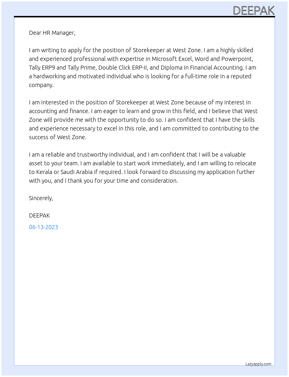 Storekeeper At West Zone  Cover Letter