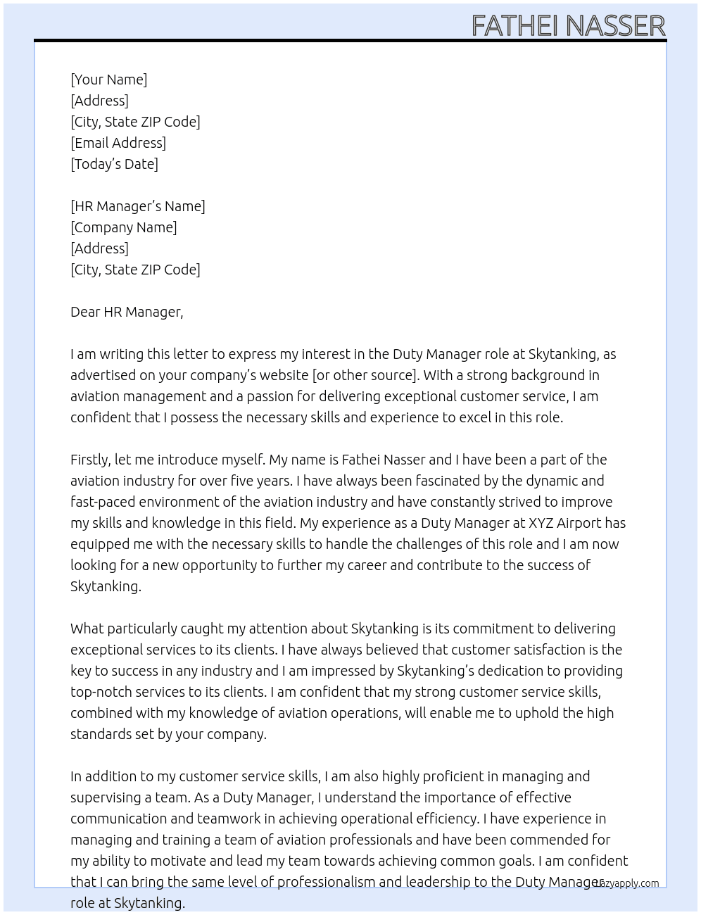 Duty manger At Skytanking Cover Letter