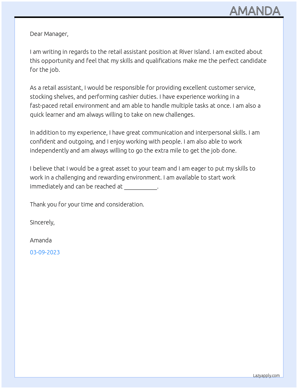 Retail assistant  At River island  Cover Letter
