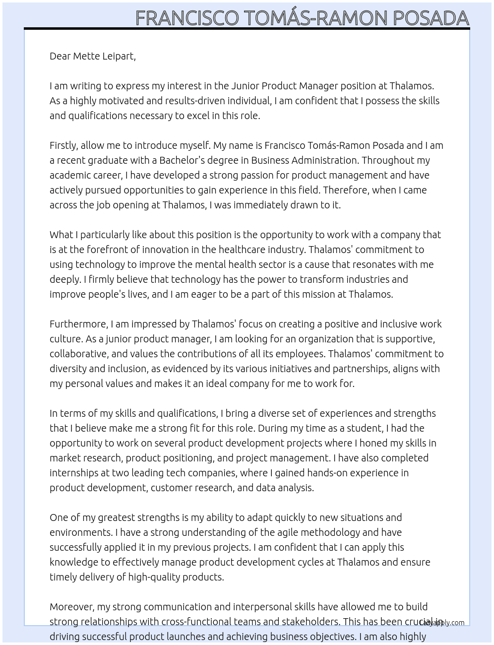 Junior Product Manager At Thalamos Cover Letter