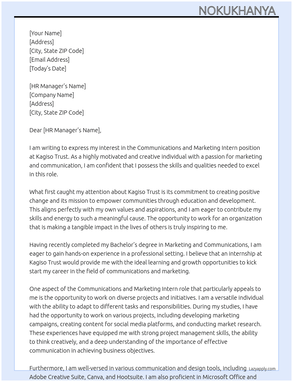 Communications and Marketing Intern At Kagiso Trust Cover Letter