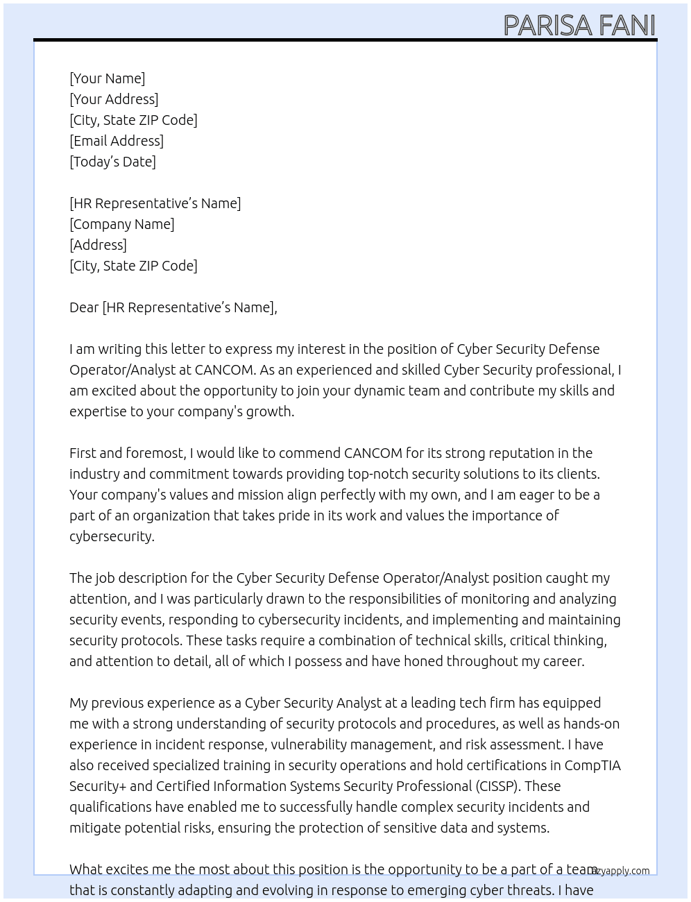 Cover letter for cyber security defense operator or analyst - LazyApply
