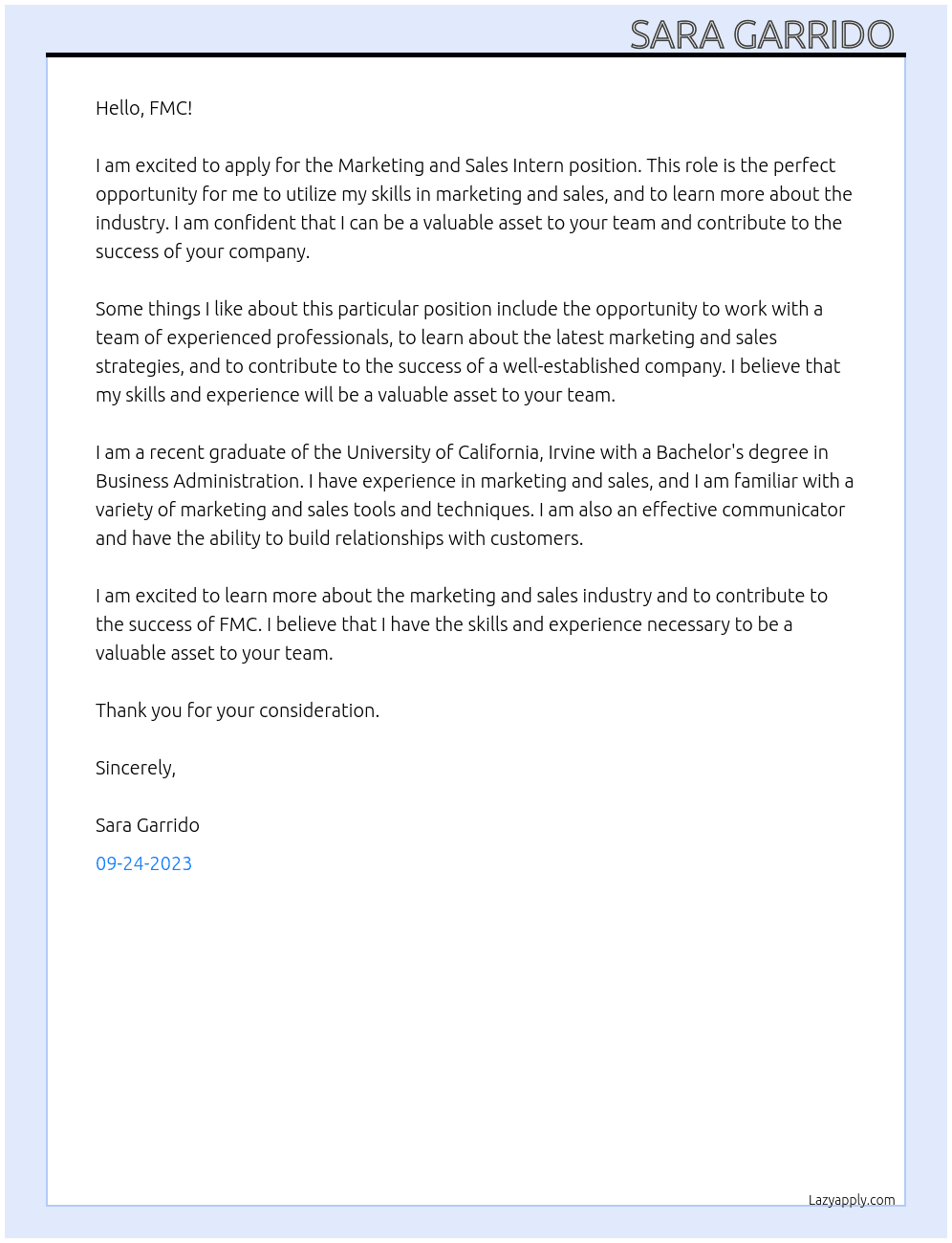 Marketing and sales intern At FMC Cover Letter