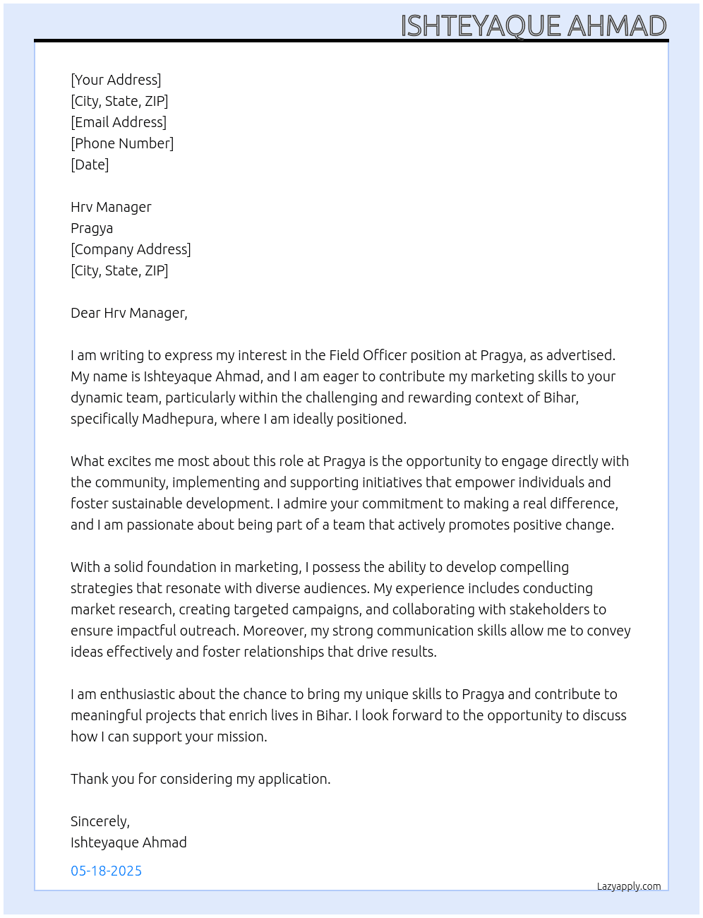 Filed officers At Pragya Cover Letter