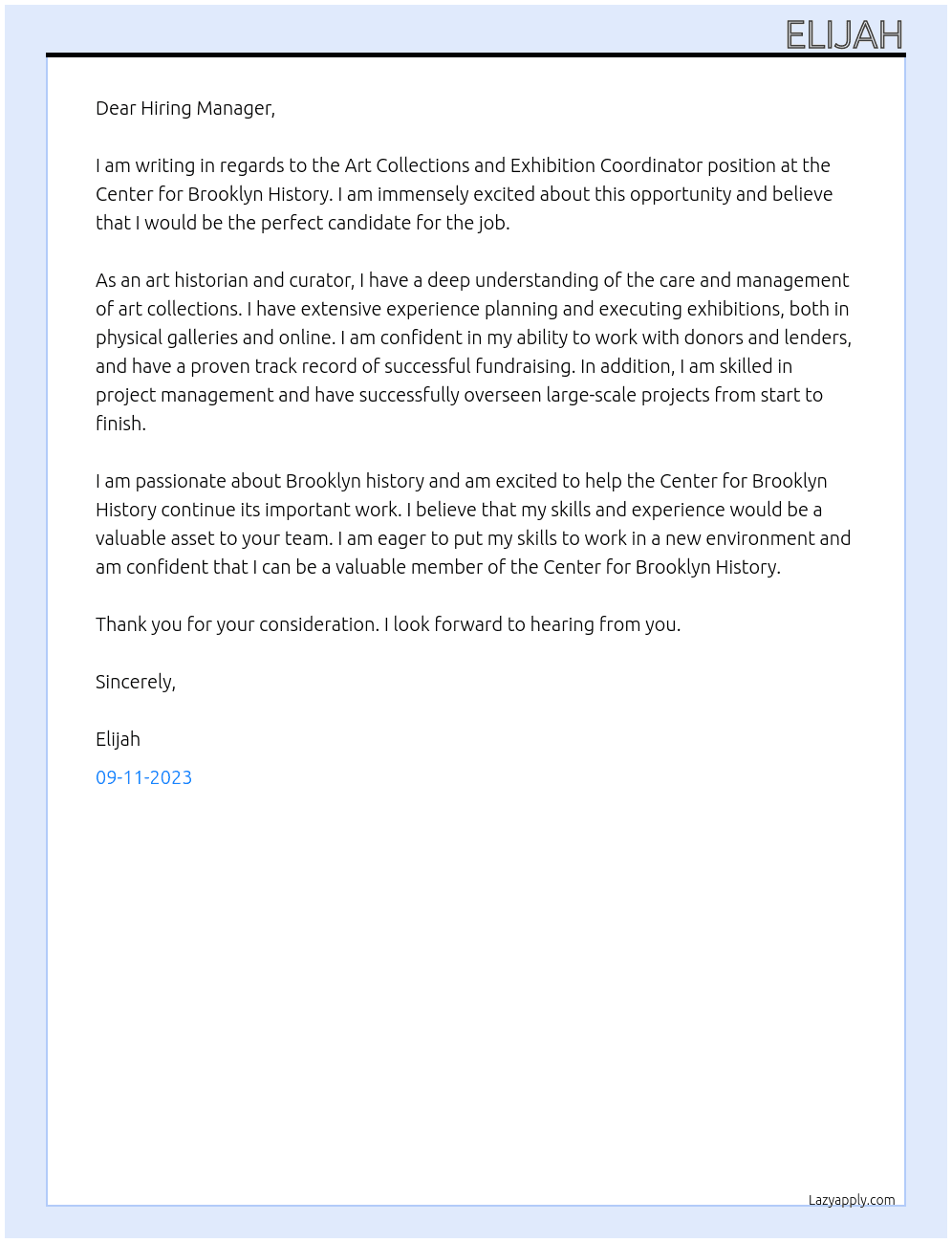 Art Collections and Exhibition Coordinator At Center for Brooklyn History Cover Letter