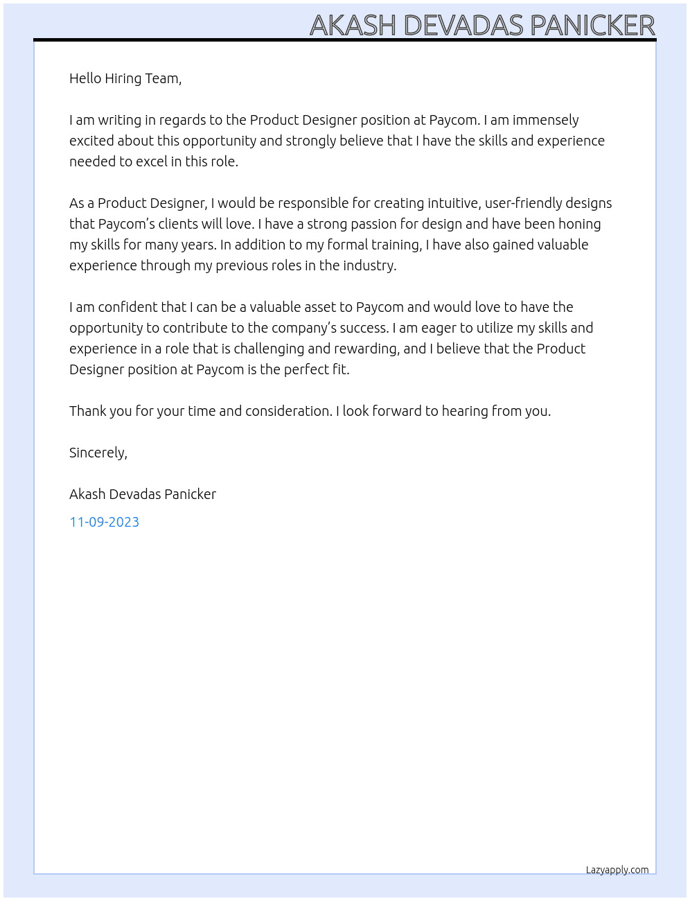 Product Designer At Paycom Cover Letter