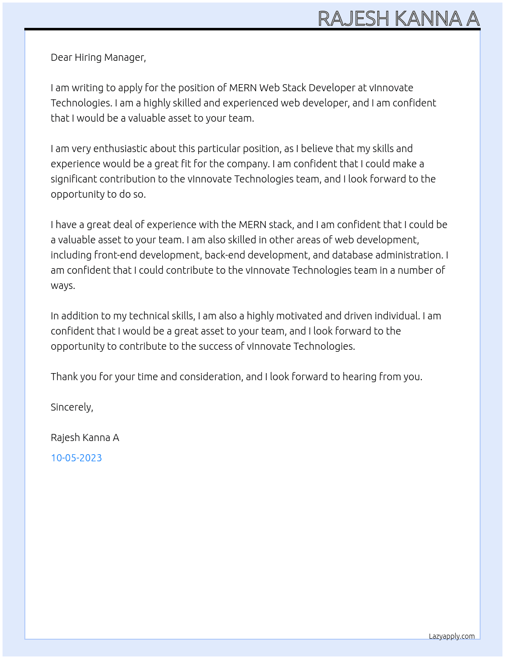 MERN Web Stack Developer At vInnovate Technologies Cover Letter