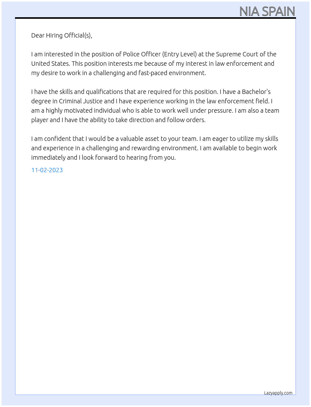 Police Officer (Entry Level) At Supreme Court of the United States Cover Letter