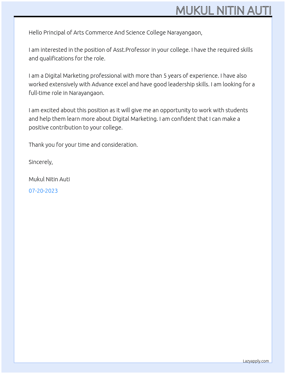 Asst.Professor At Arts commerce and science college BBA/BBCA department Narayangaon Cover Letter
