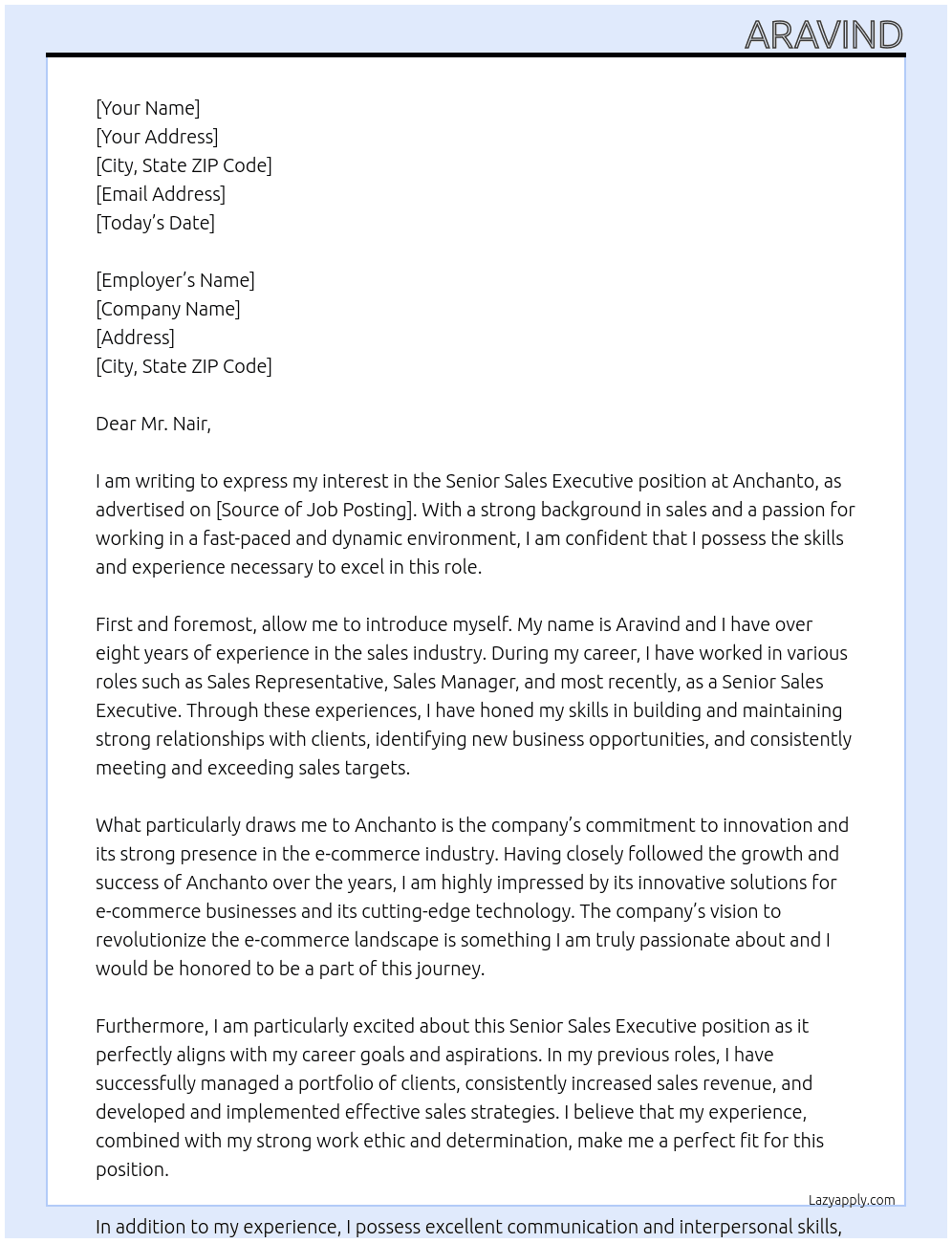 Senior sales executive At Anchanto Cover Letter