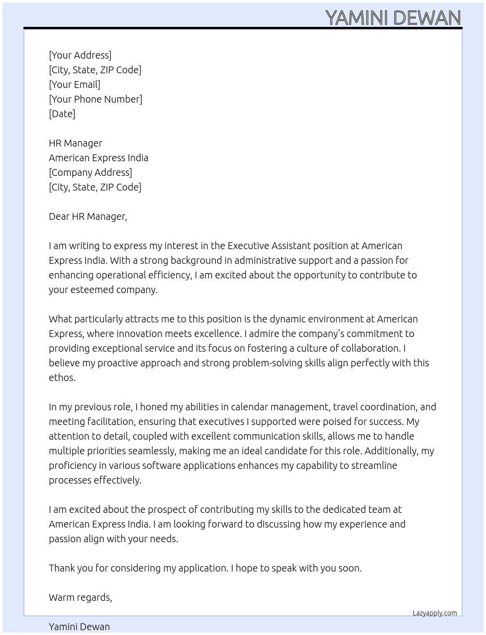 Executive Assistant At American Express India Cover Letter