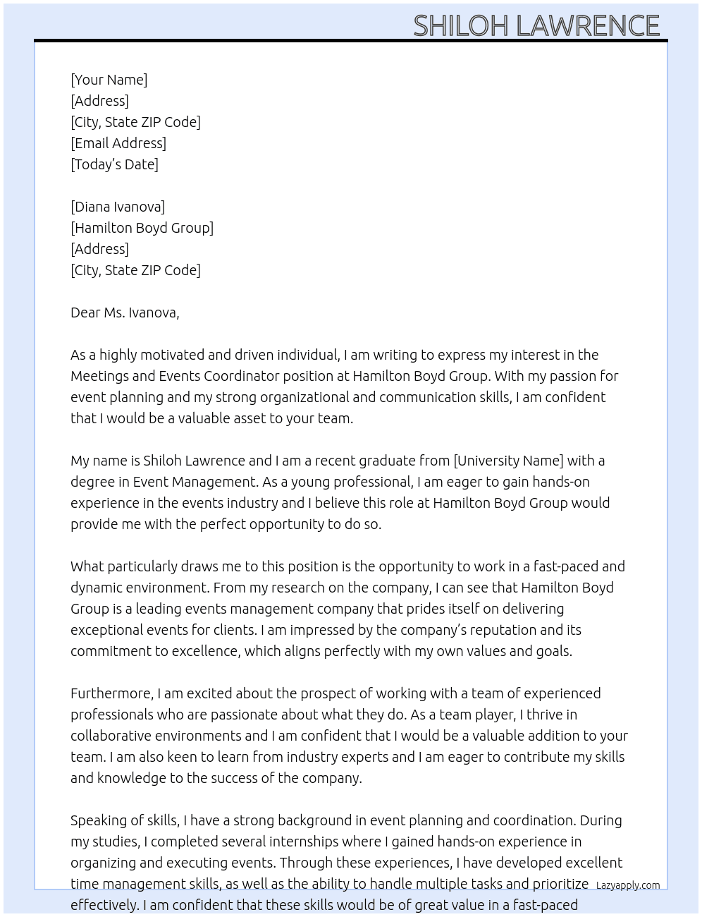 Meetings and Events Coordinator  At Hamilton Boyd Group Cover Letter