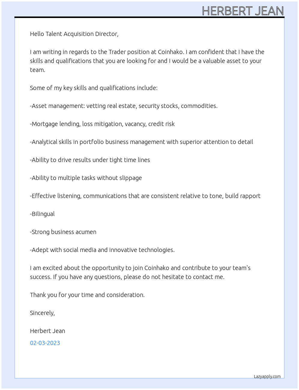 Trader At Coinhako Cover Letter