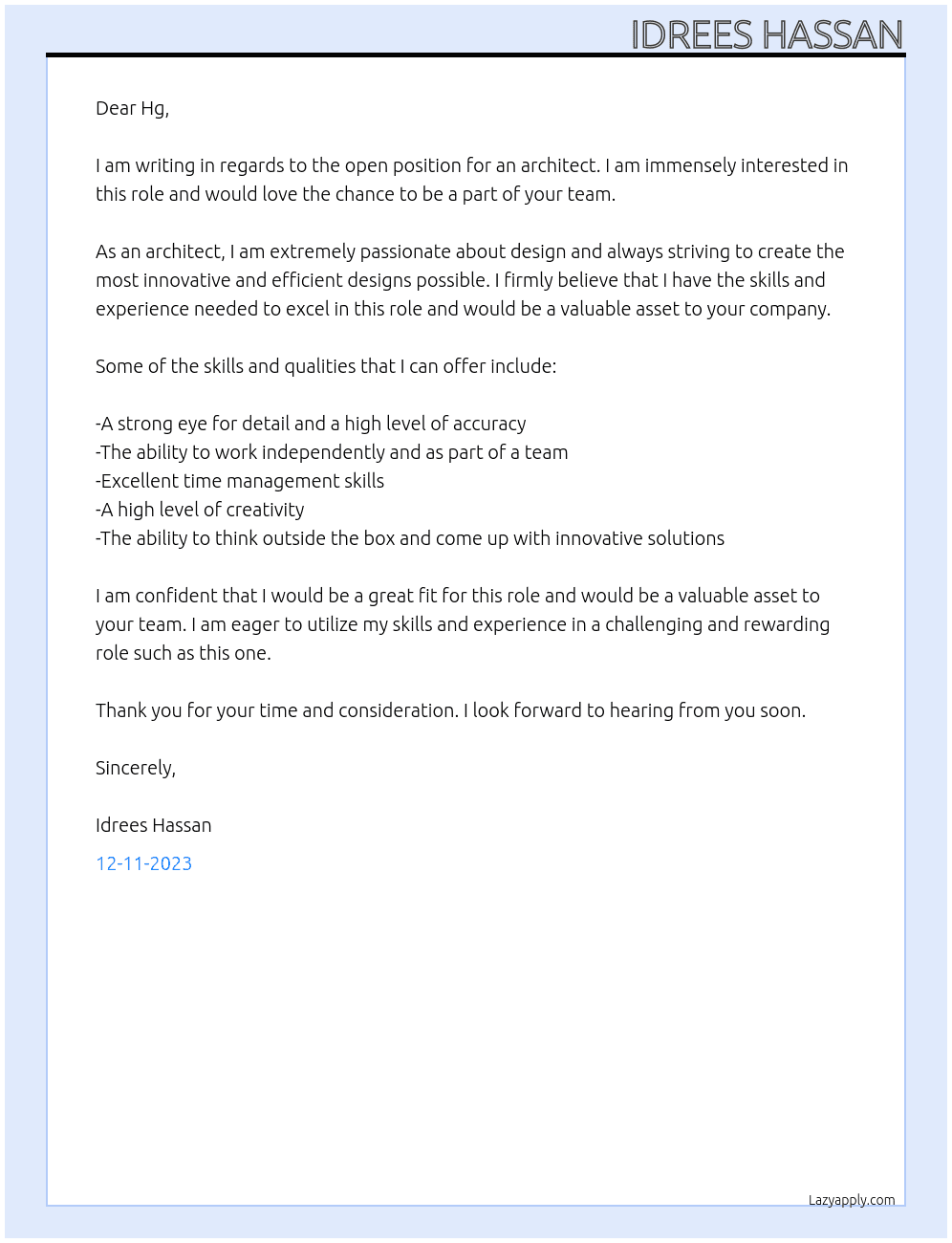 Architect  At Hg Cover Letter
