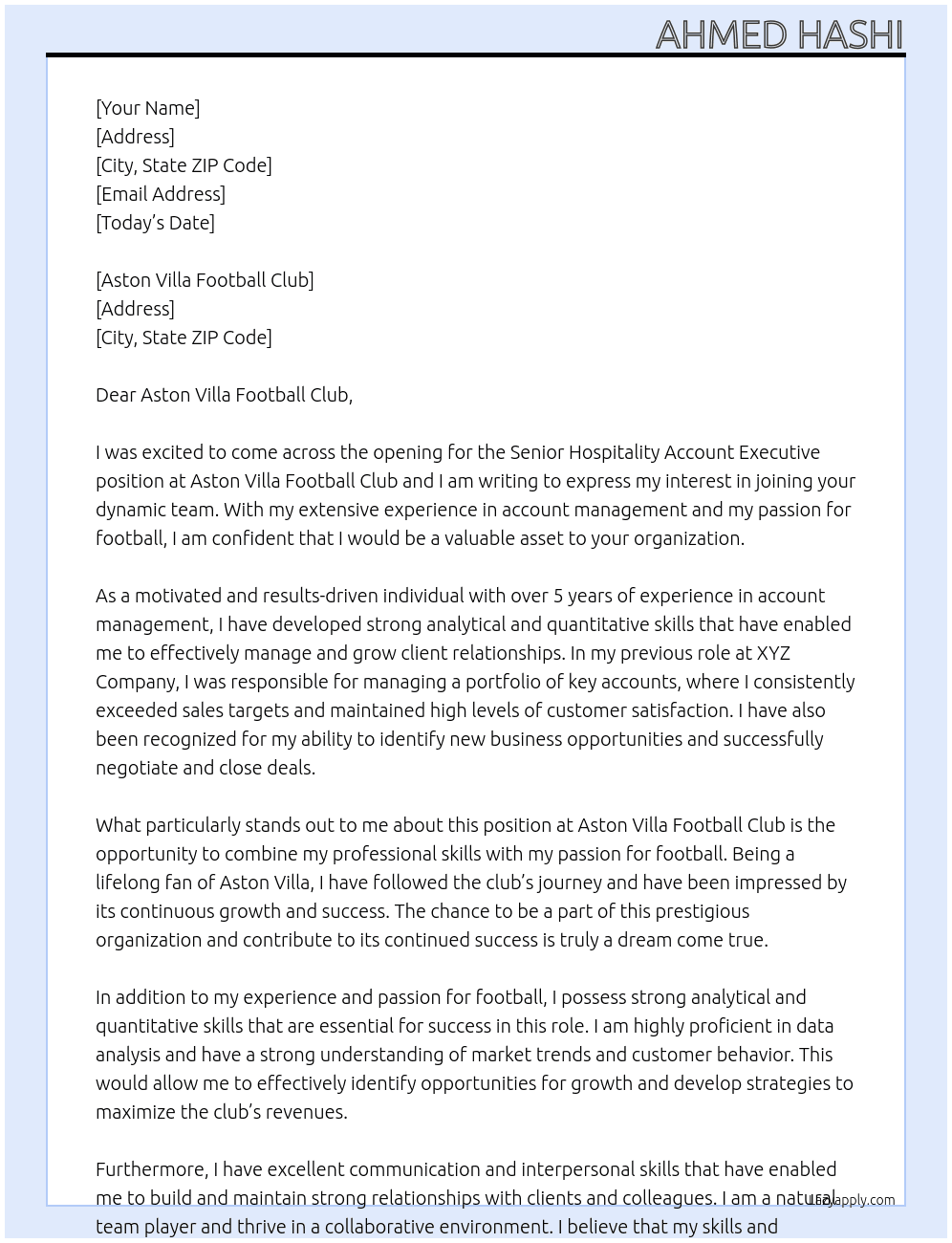 Senior hospitality account executive  At Aston Villa Football Club Cover Letter