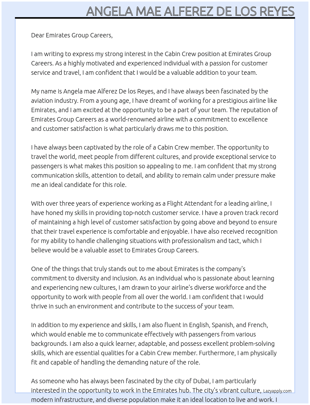 Cabin Crew At Emirates Group Careers Cover Letter