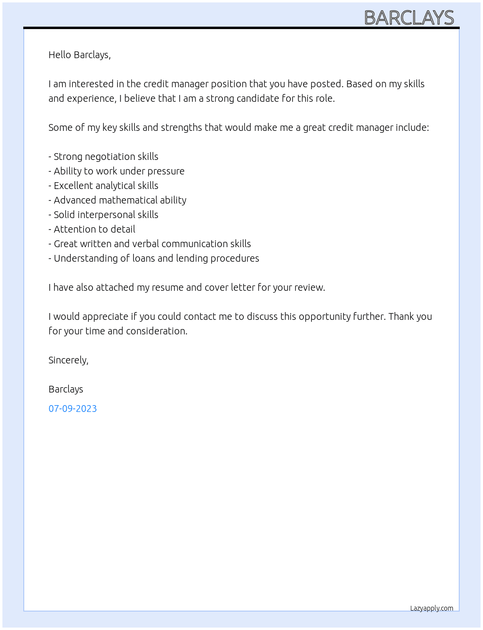 credit manager  At Barclays Cover Letter